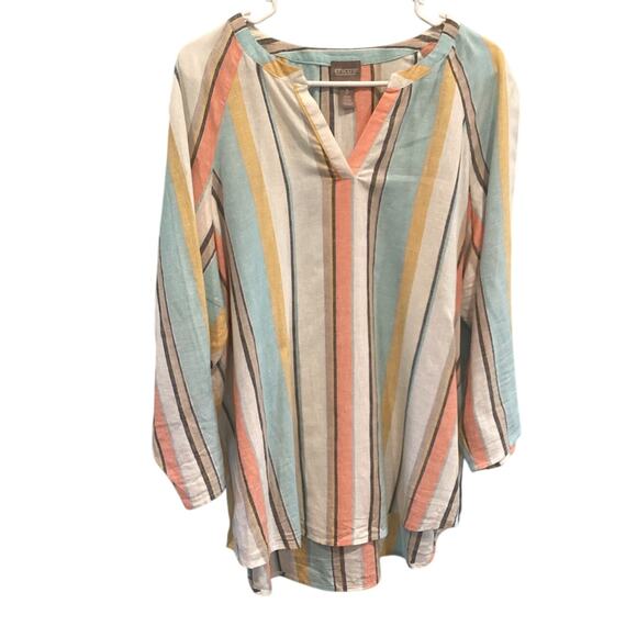 Chicos Popover Linen Blend Top Size XL 3 Striped White Teal Blue Boho Beach Work - Picture 1 of 8